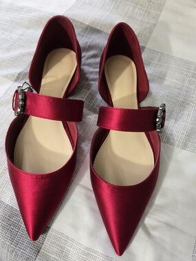 New ZARA Satin Mary Jane Flats in Crimson with Jeweled Buckle Chrome Heel
